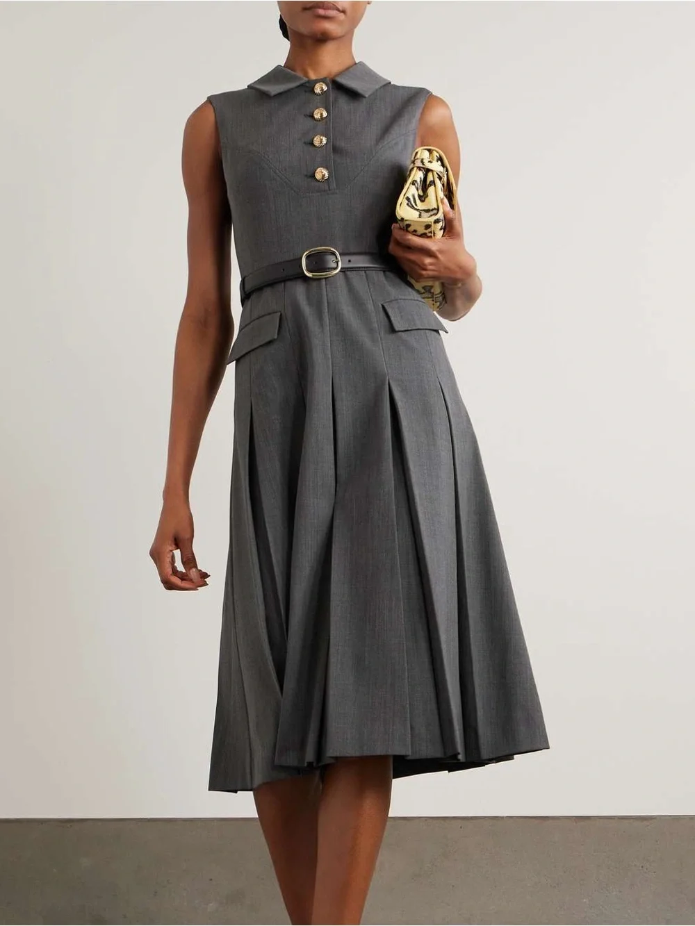 NWOT Self-Portrait GREY TAILORED PLEATED MIDI DRESS - Picture 3 of 12